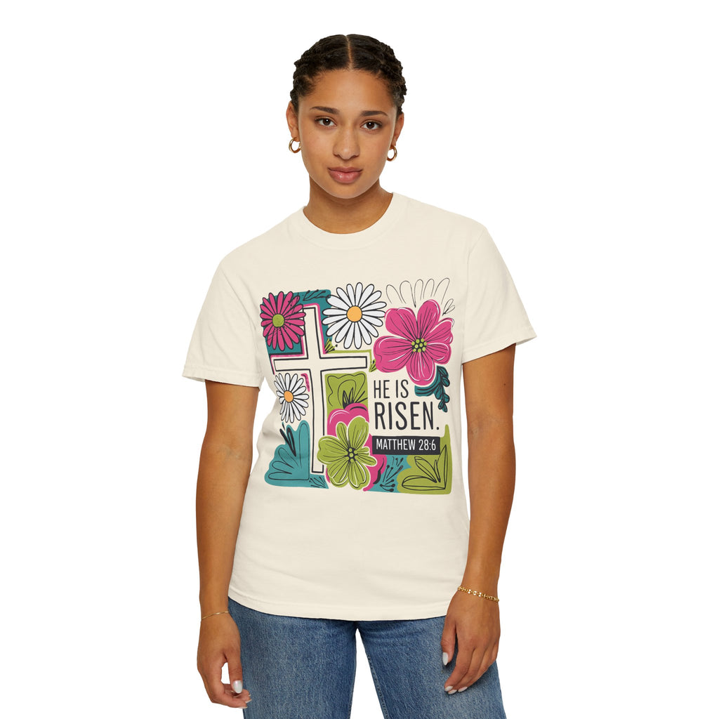 He Is Risen Matthew 28:6 Floral Christian Tee | Worn By Faith