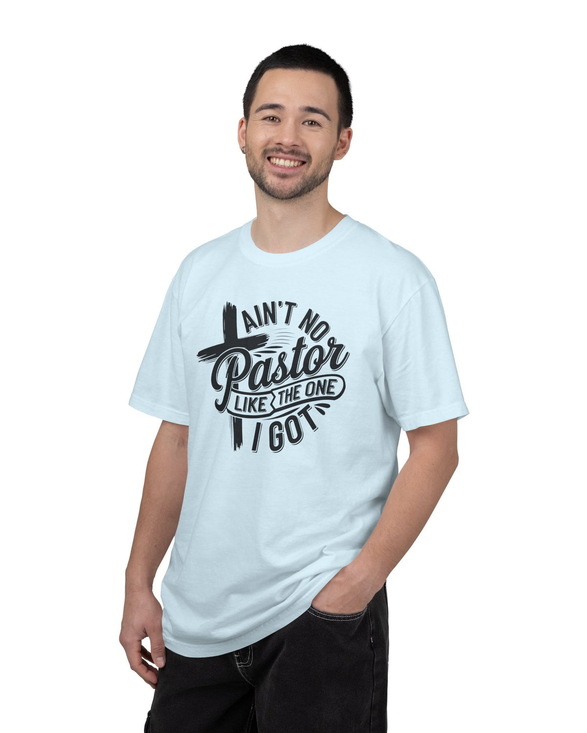 Ain’t No Pastor Like the One I Got Christian Tee | Worn By Faith lifestyle model wearing Worn By Faith Christian graphic tee