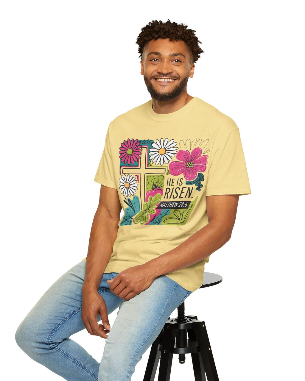 Worn By Faith He Is Risen floral Christian tee in Butter on a male model