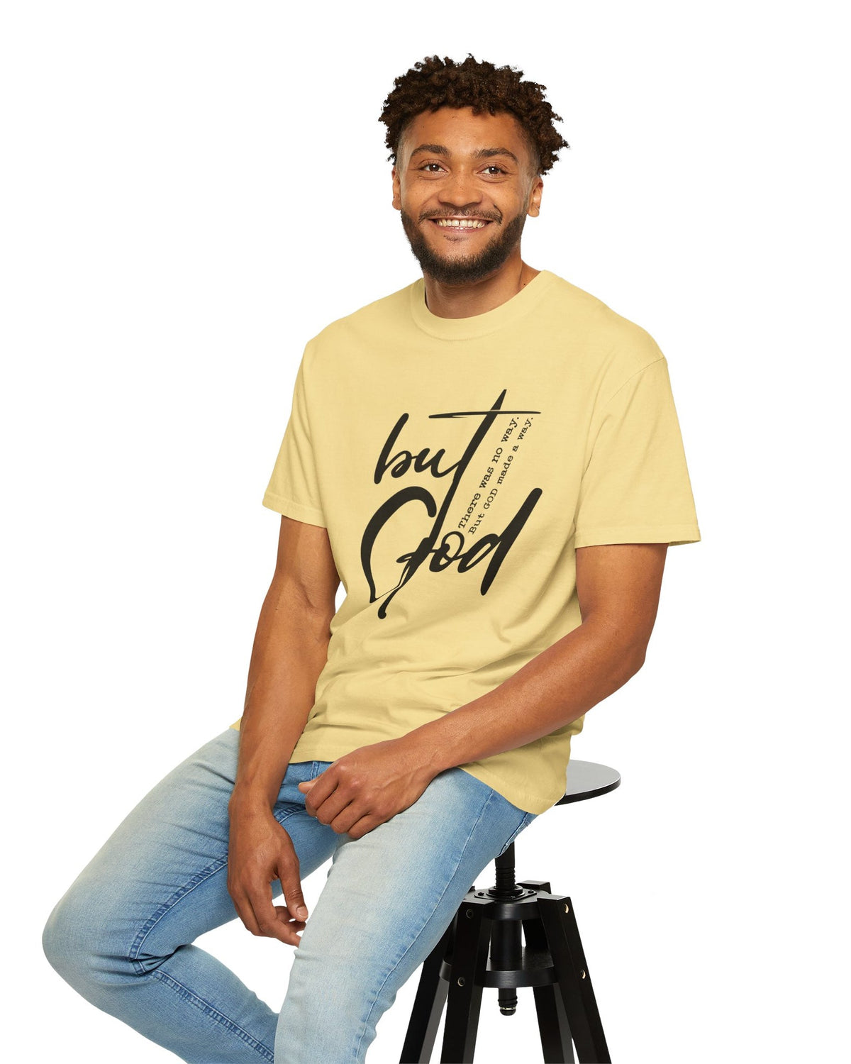 Worn By Faith But God He Made a Way Christian tee in Butter on a male model