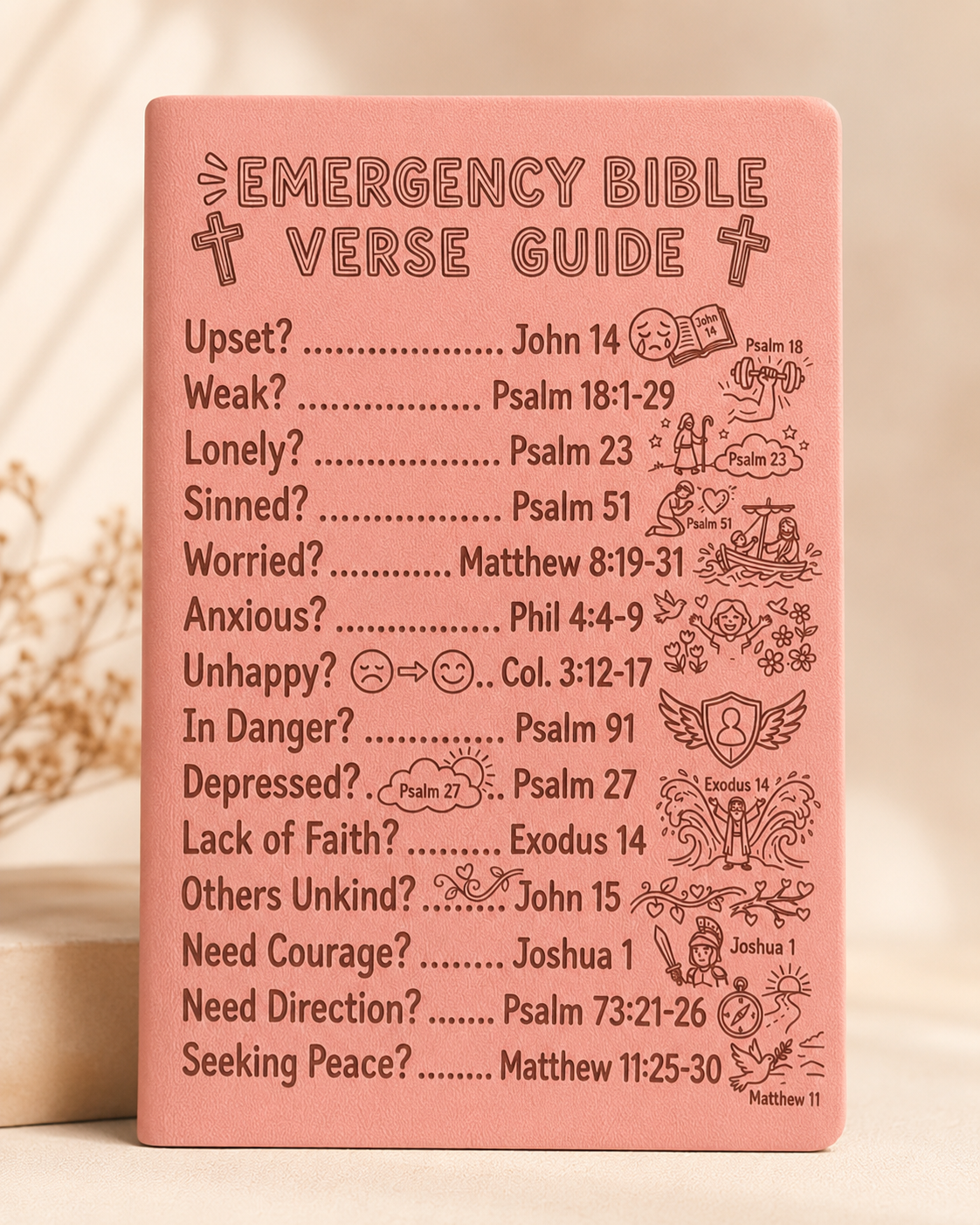Emergency Bible verse guide engraved on back of A5 prayer journal