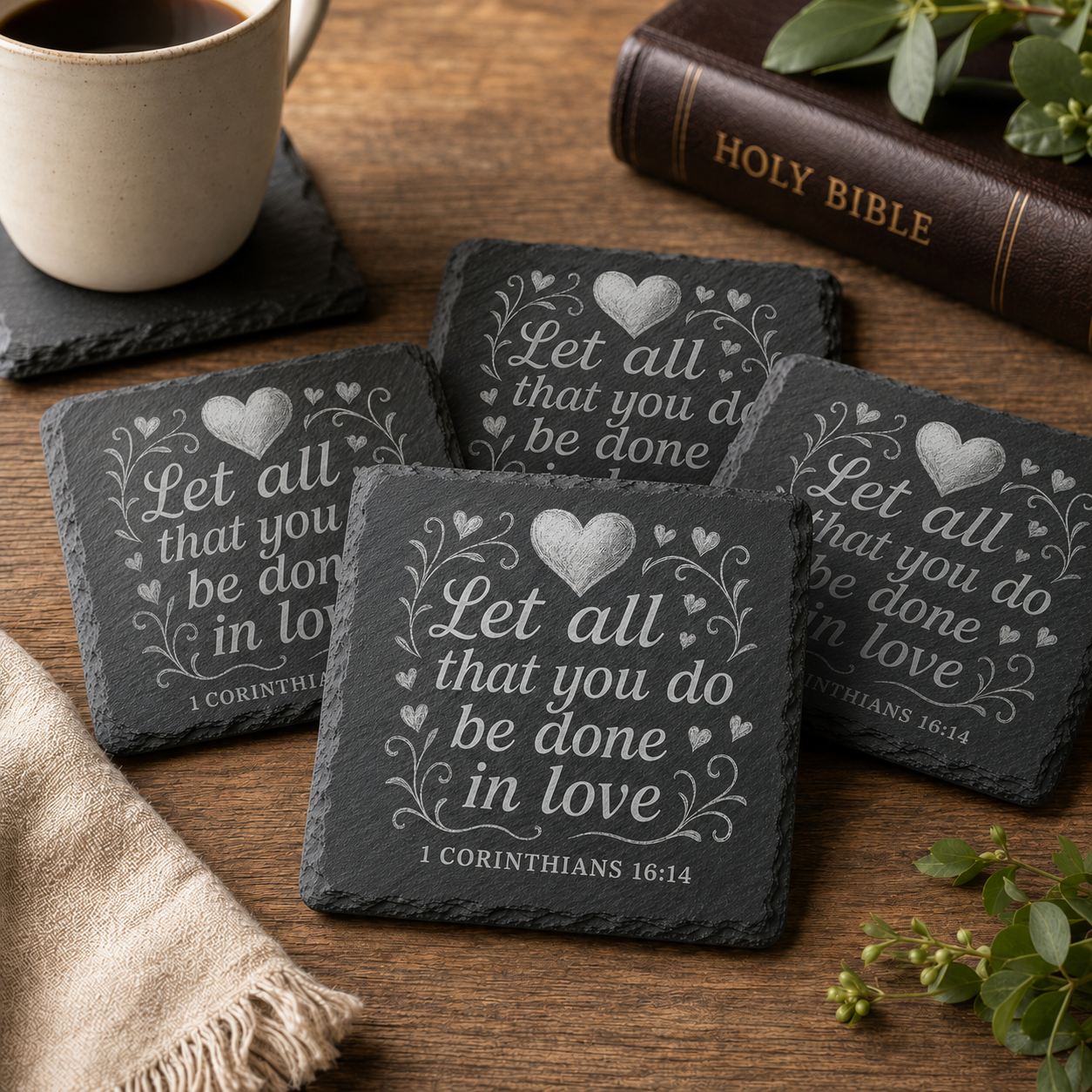 Christian Square Slate Coaster Set