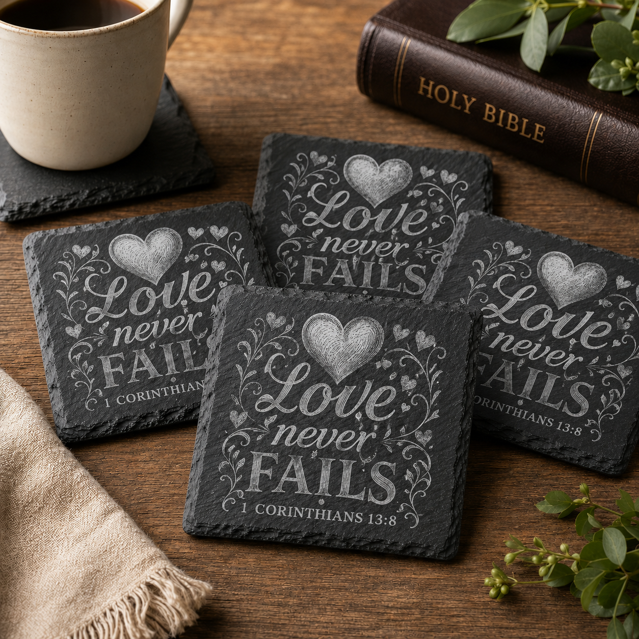 Christian Square Slate Coaster Set
