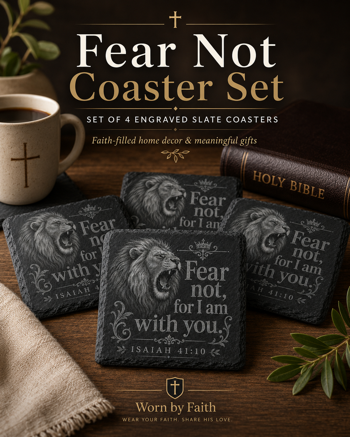 Fear Not Christian slate coaster set with lion design and Isaiah 41:10 Bible verse
