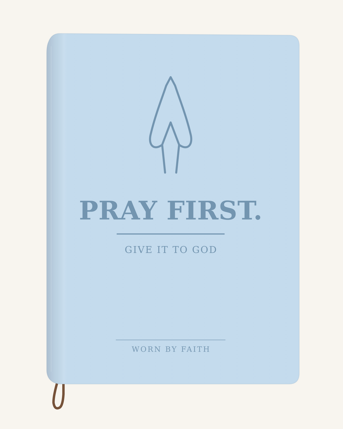 Pray First — A6 Engraved Christian Journal in light blue; smooth-spine tone-on-tone laser-engraving mockup