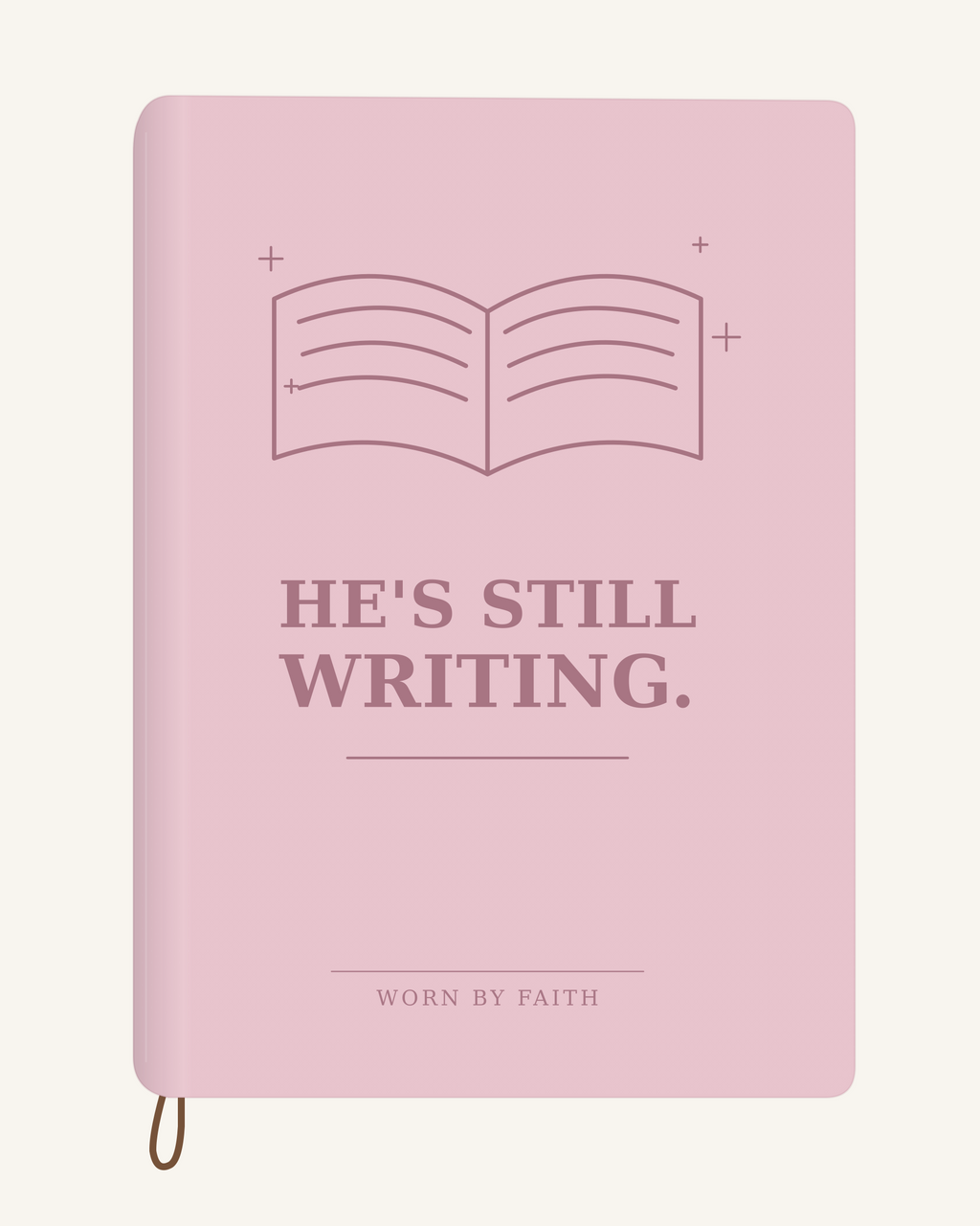 He's Still Writing — A6 Engraved Scripture Journal in blush pink; smooth-spine tone-on-tone laser-engraving mockup