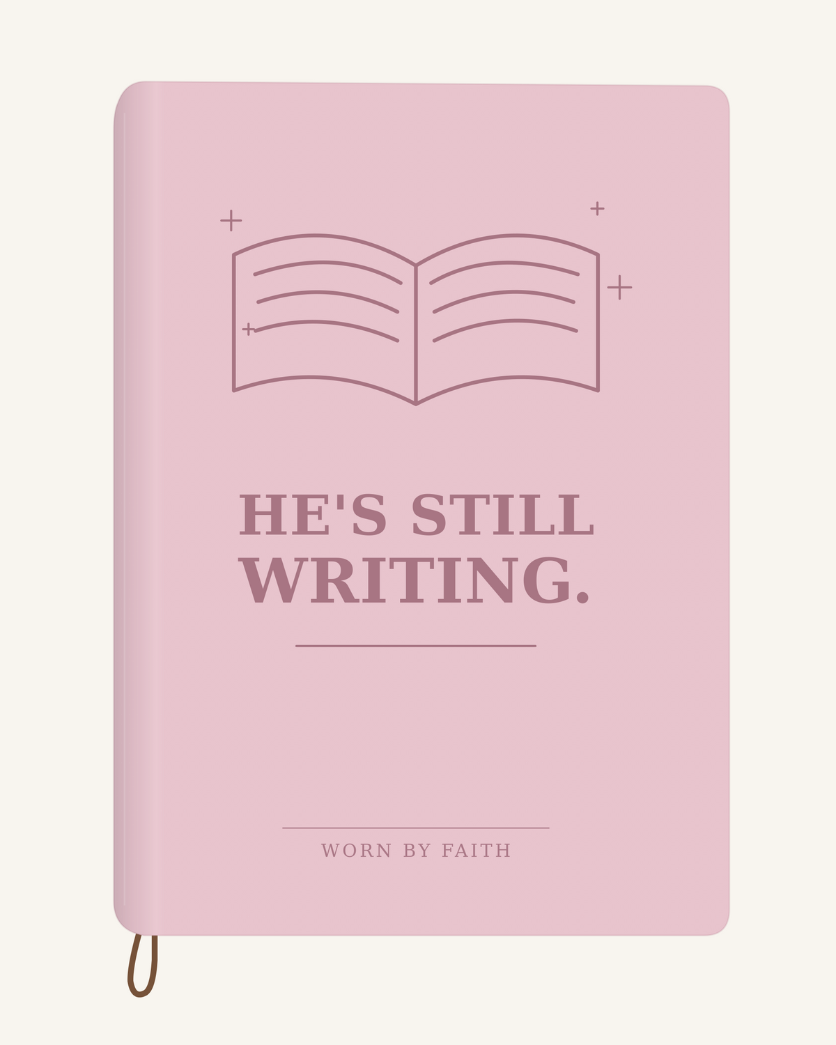 He's Still Writing — A6 Engraved Scripture Journal in blush pink; smooth-spine tone-on-tone laser-engraving mockup