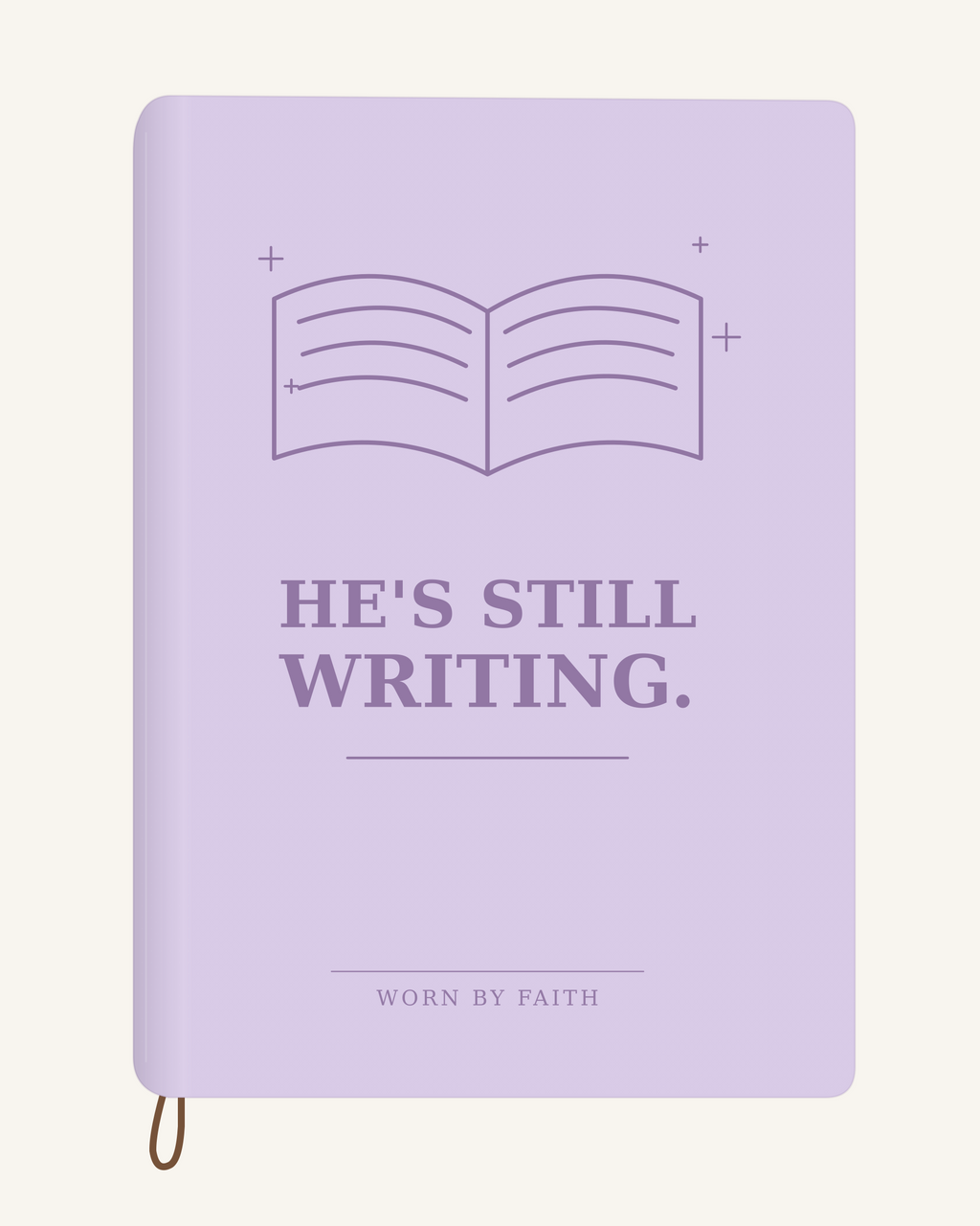 He's Still Writing — A6 Engraved Scripture Journal in lavender; smooth-spine tone-on-tone laser-engraving mockup