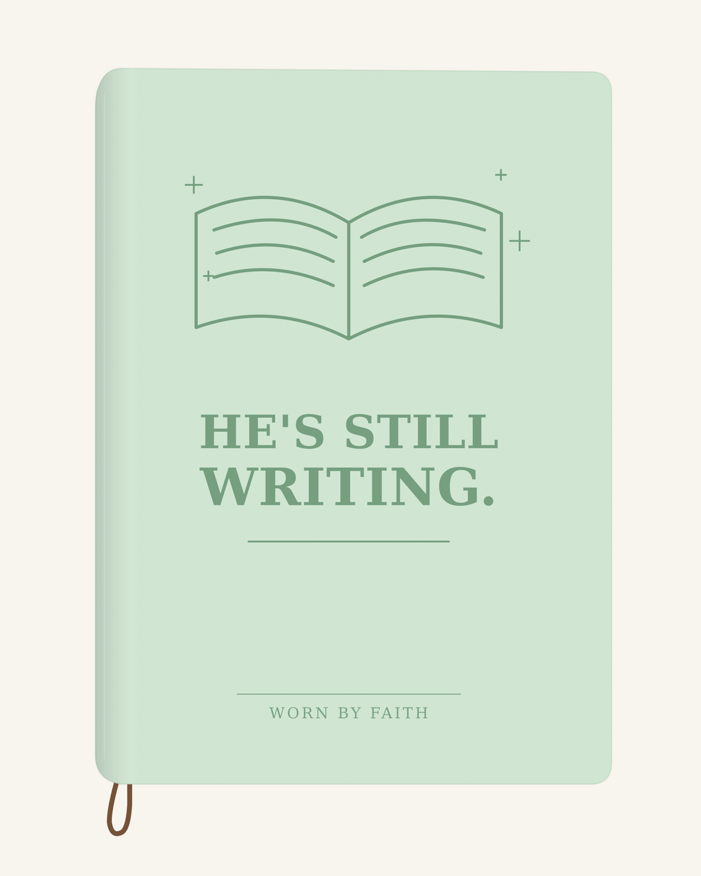 He's Still Writing — A6 Engraved Scripture Journal in mint green; smooth-spine tone-on-tone laser-engraving mockup