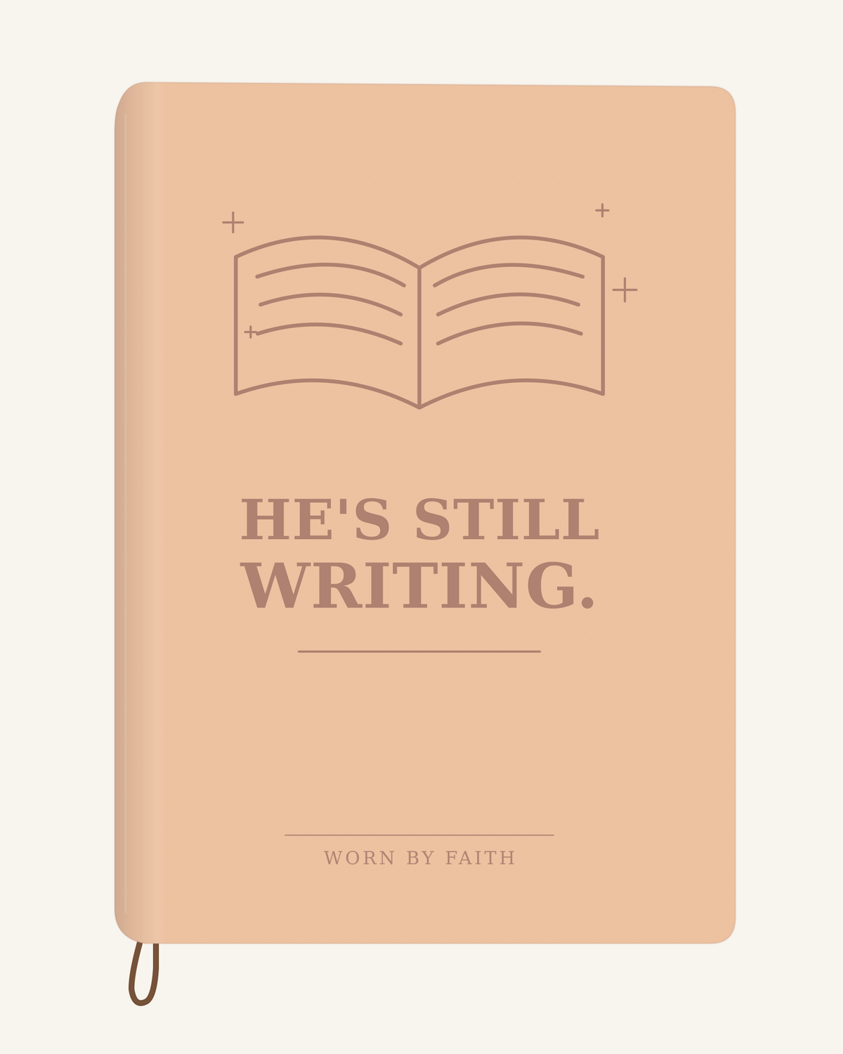 He's Still Writing — A6 Engraved Scripture Journal in peach orange; smooth-spine tone-on-tone laser-engraving mockup