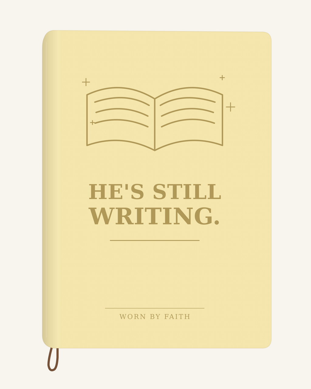 He's Still Writing — A6 Engraved Scripture Journal in soft yellow; smooth-spine tone-on-tone laser-engraving mockup
