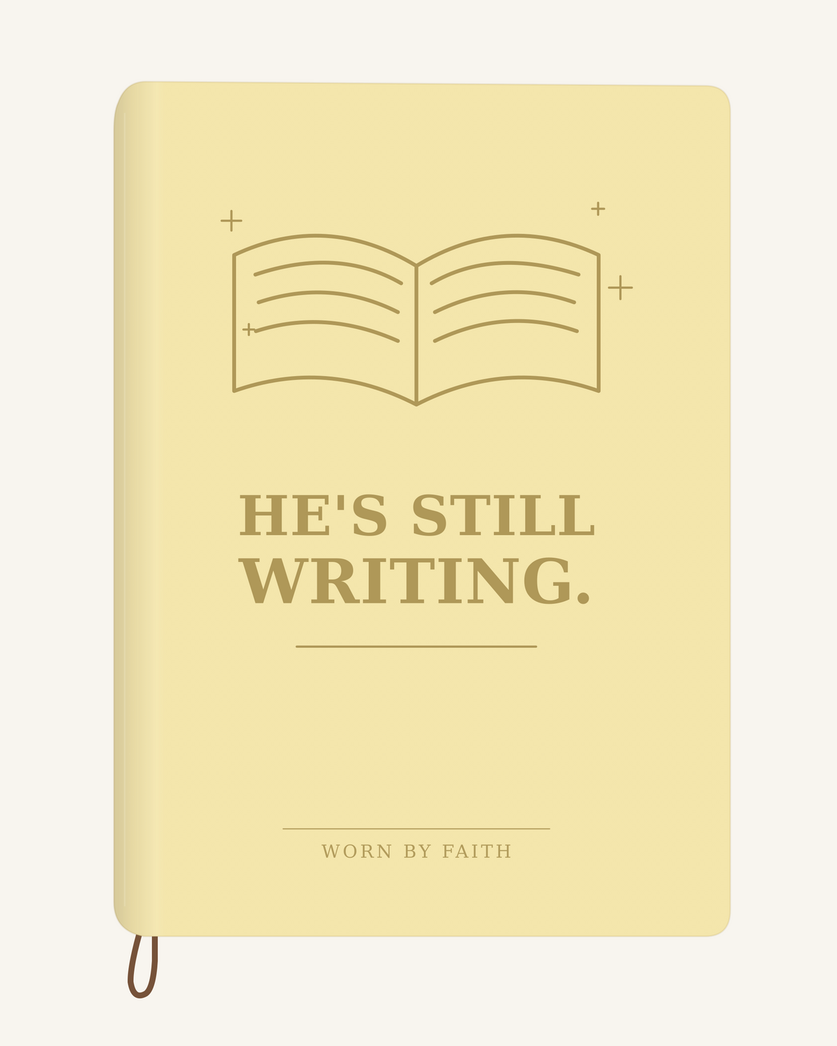He's Still Writing — A6 Engraved Scripture Journal in soft yellow; smooth-spine tone-on-tone laser-engraving mockup