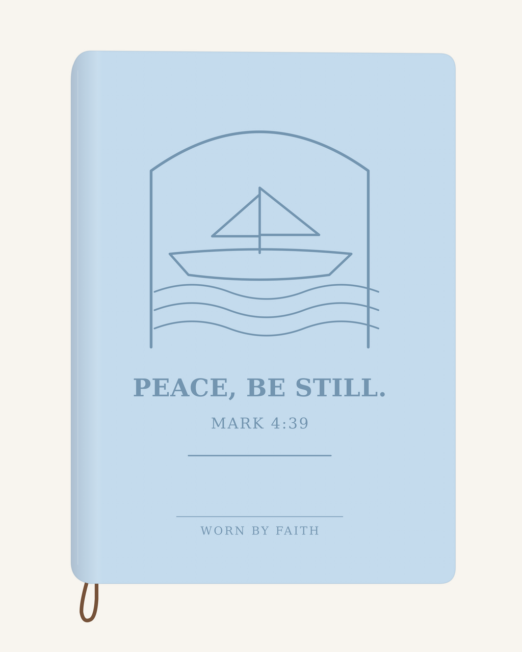 Peace Be Still — A6 Engraved Prayer Journal — light blue smooth cover tone-on-tone engraved journal mockup