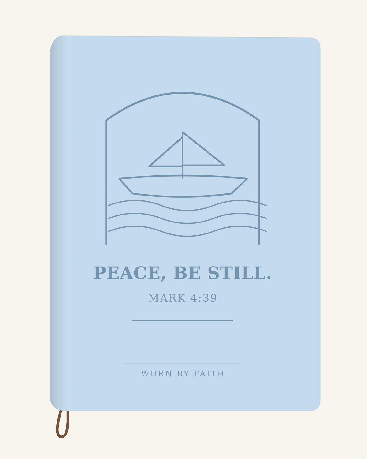 Peace Be Still — A6 Engraved Prayer Journal — light blue smooth cover tone-on-tone engraved journal mockup