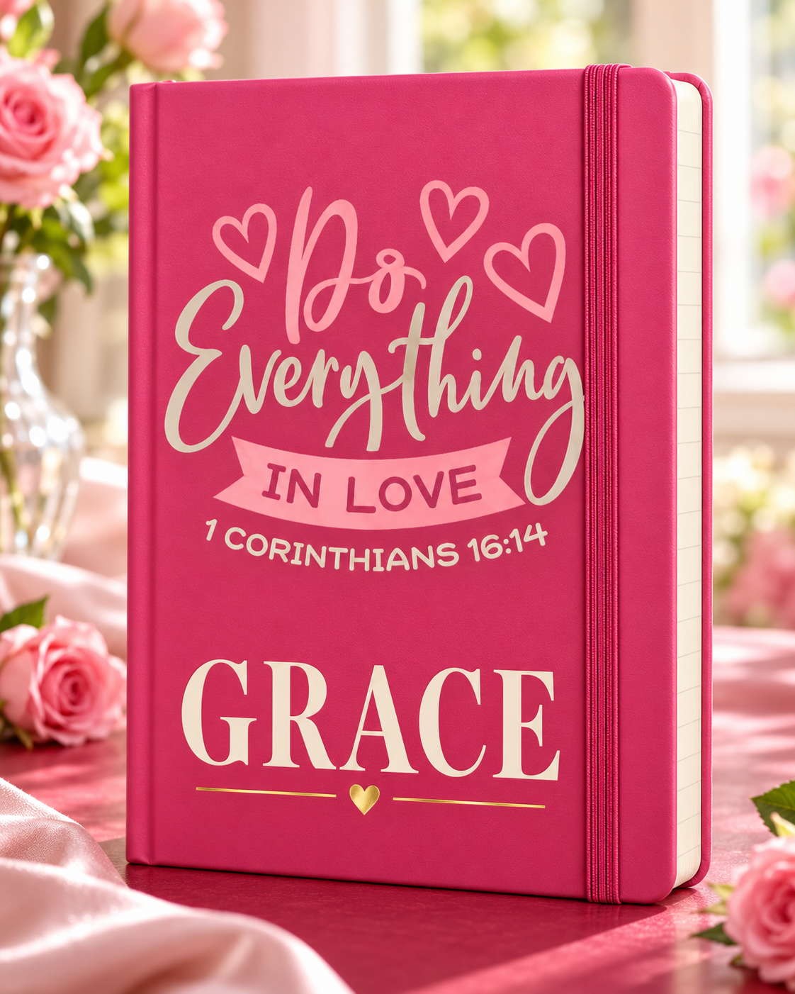 Worn By Faith Do Everything in Love personalized Pink Executive A5 journal, example name GRACE — illustrative mockup