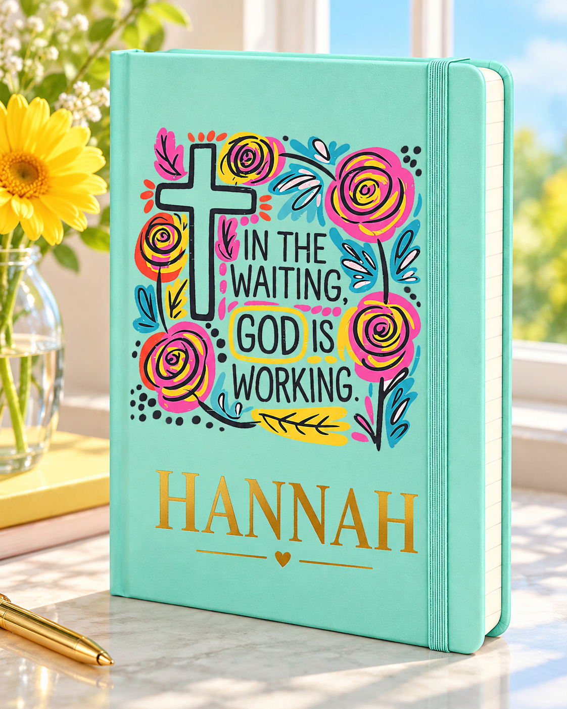 Worn By Faith In the Waiting, God Is Working personalized Mint Executive A5 journal, example name HANNAH — illustrative mockup