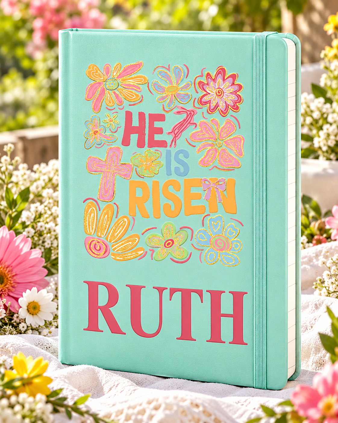 Worn By Faith He Is Risen — Floral Celebration personalized Mint Executive A5 journal, example name RUTH — illustrative mockup