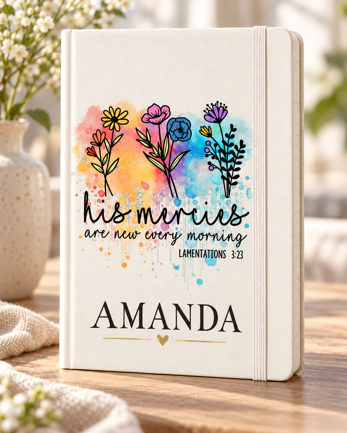 Worn By Faith His Mercies Are New Every Morning Executive A5 Journal with prominent personalized example name AMANDA — illustrative lifestyle mockup
