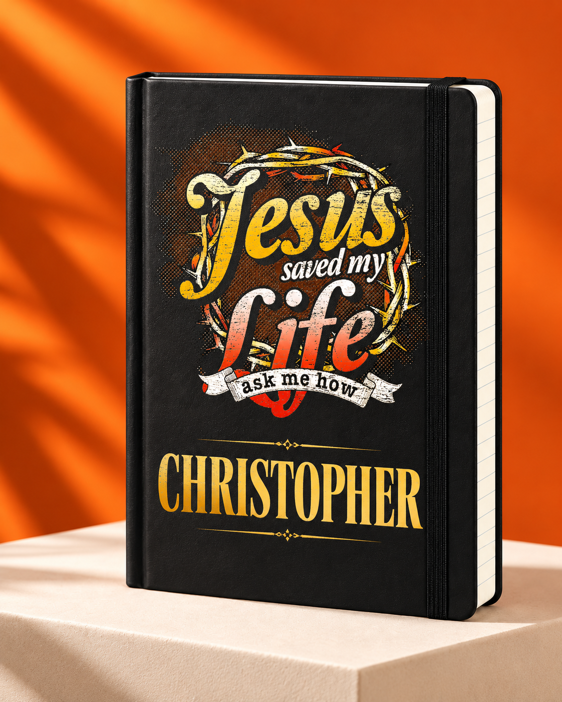 Worn By Faith Jesus Is Life personalized Black Executive A5 journal, example name CHRISTOPHER — illustrative mockup