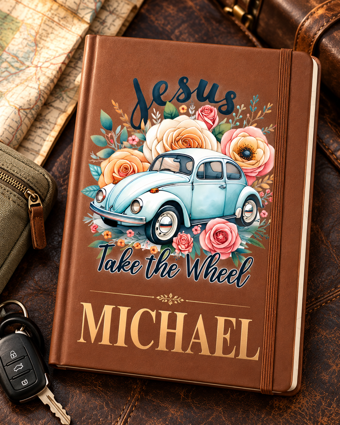 Worn By Faith Jesus, Take the Wheel personalized Brown Executive A5 journal, example name MICHAEL — illustrative mockup
