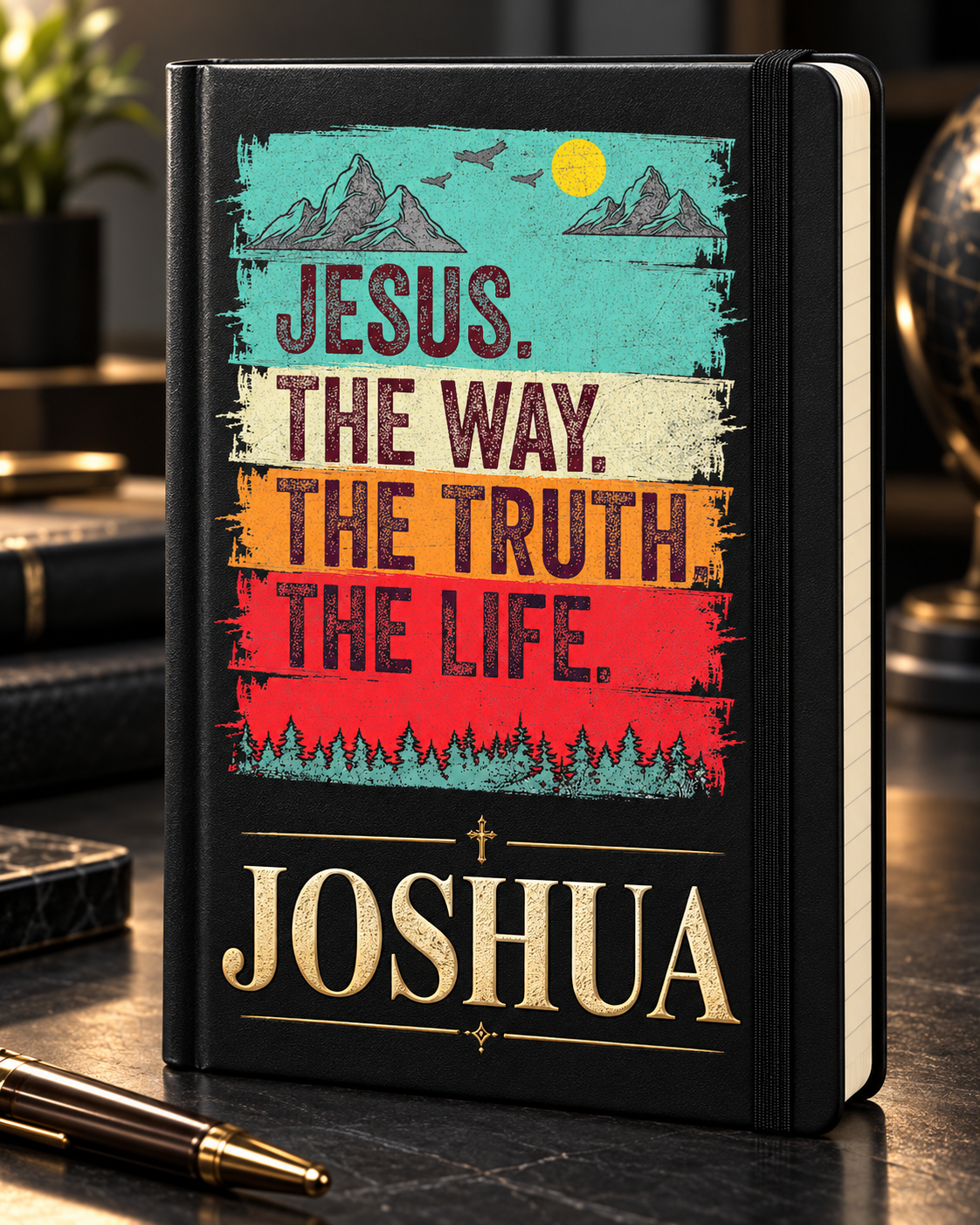 Worn By Faith Jesus — The Way, The Truth, The Life personalized Black Executive A5 journal, example name JOSHUA — illustrative mockup