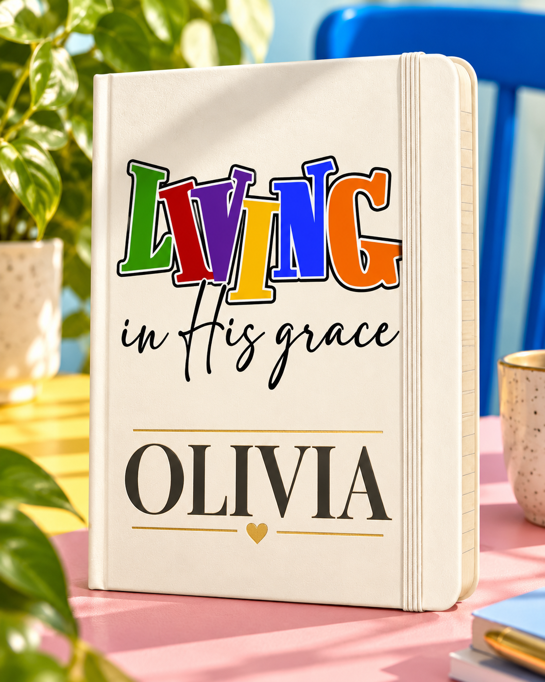 Worn By Faith Living in His Grace personalized Ivory Executive A5 journal, example name OLIVIA — illustrative mockup