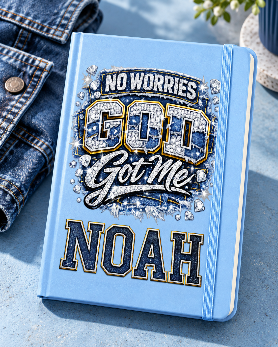 Worn By Faith No Worries, God Got Me personalized Light Blue Executive A5 journal, example name NOAH — illustrative mockup
