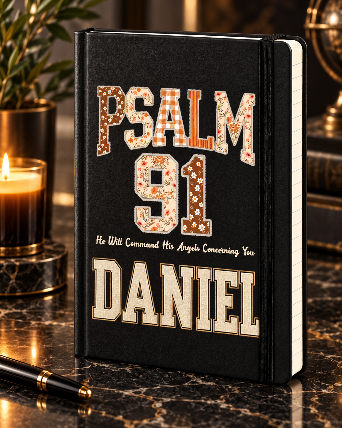 Worn By Faith Psalm 91 — Divine Protection personalized Black Executive A5 journal, example name DANIEL — illustrative mockup