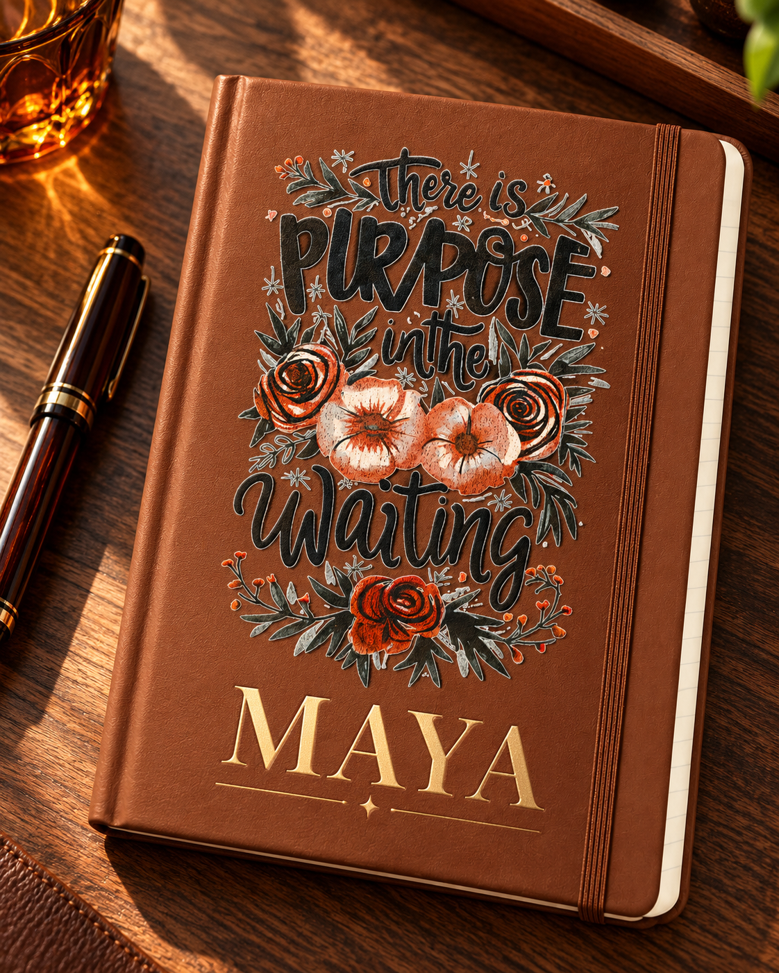Worn By Faith There Is Purpose in the Waiting personalized Brown Executive A5 journal, example name MAYA — illustrative mockup