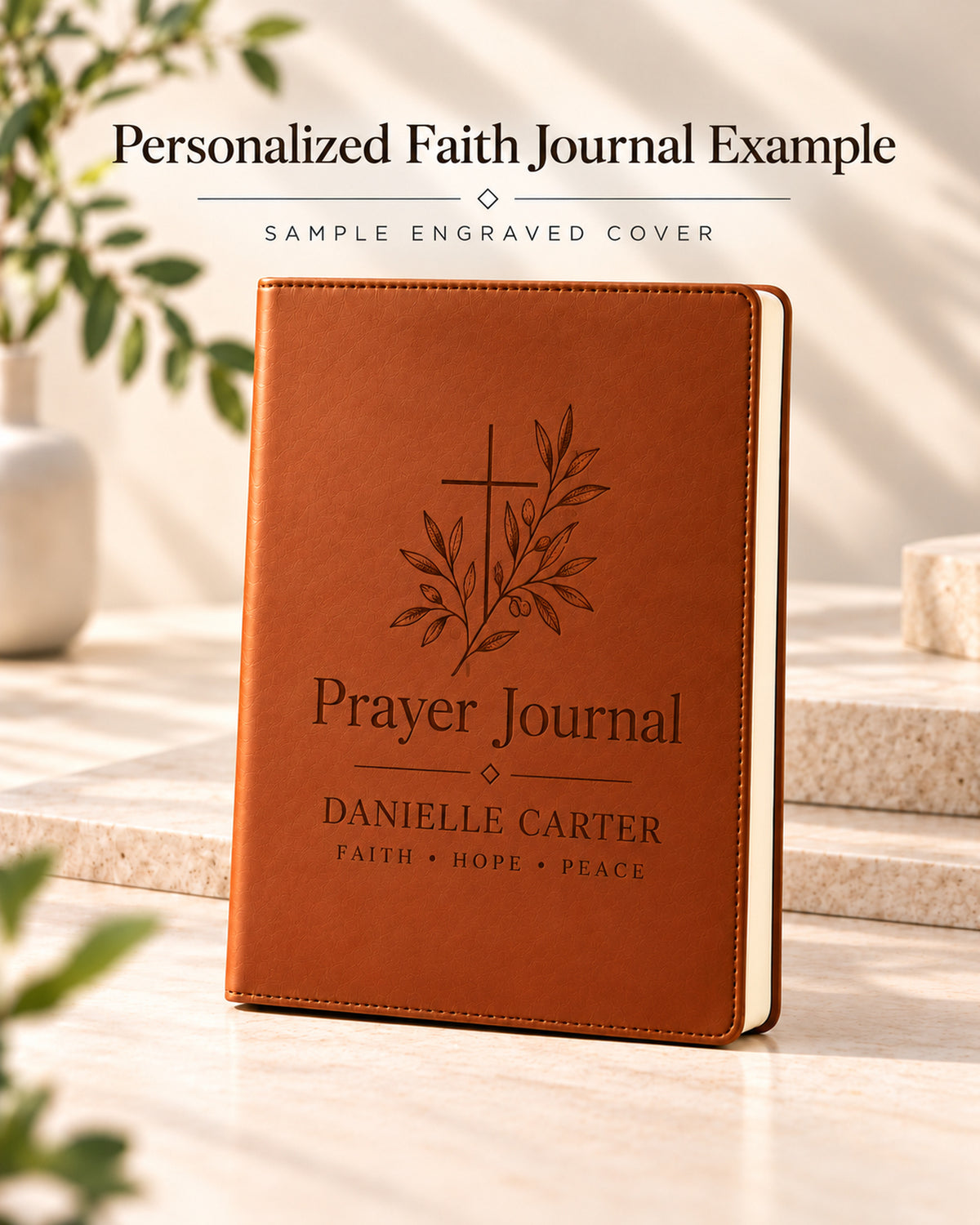 Personalized Faith & Prayer A5 Engraved Journal — illustrative completed cover design, 2000 × 2500