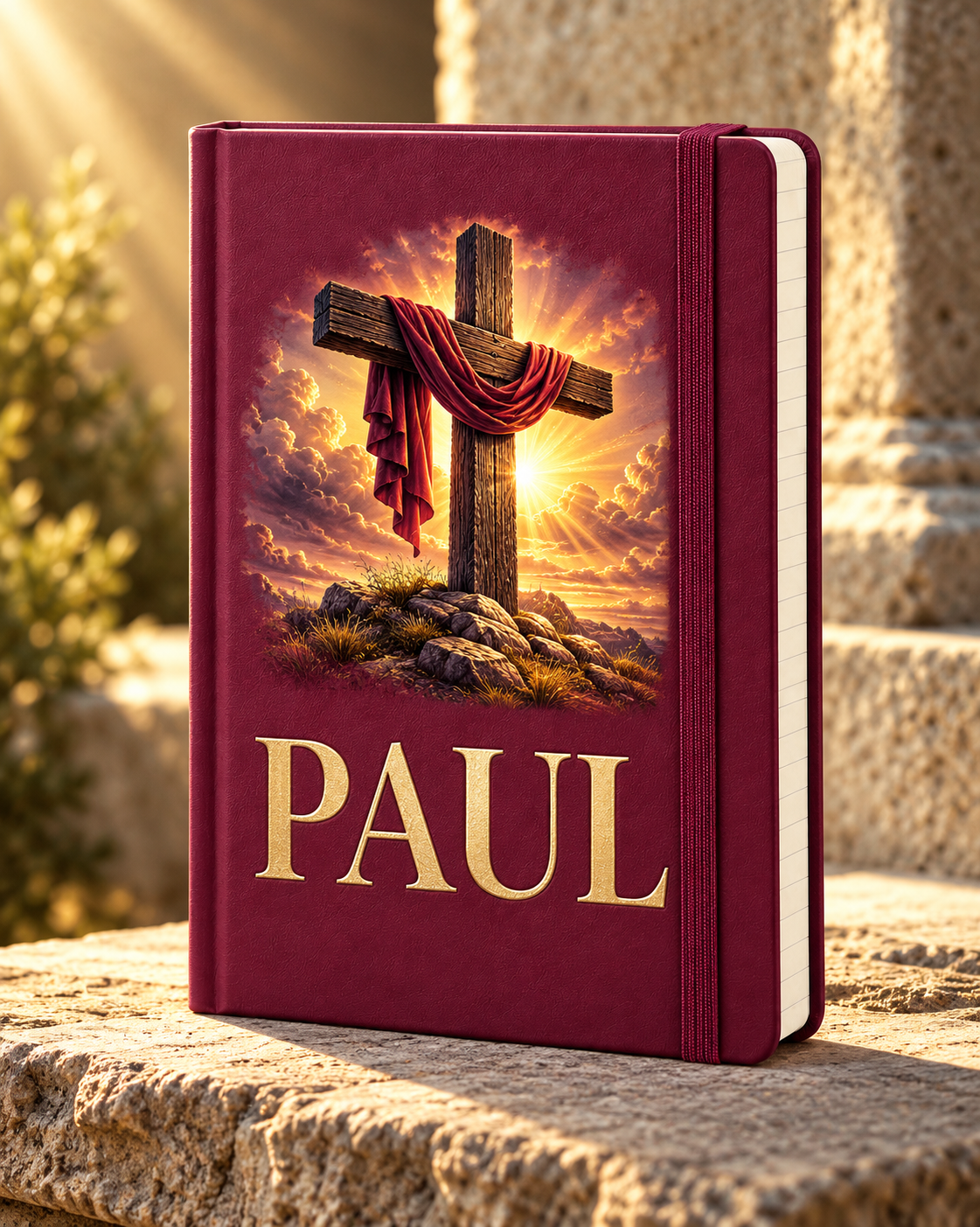 Worn By Faith The Cross of Christ personalized Burgundy Executive A5 journal, example name PAUL — illustrative mockup