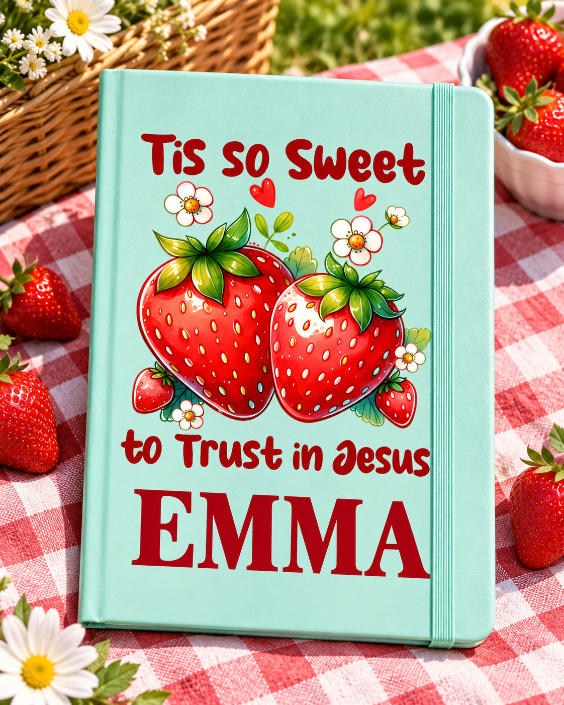 Worn By Faith 'Tis So Sweet to Trust in Jesus personalized Mint Executive A5 journal, example name EMMA — illustrative mockup
