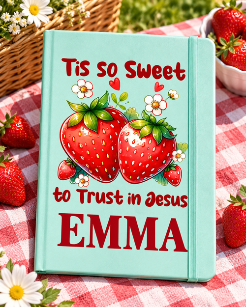 Worn By Faith 'Tis So Sweet to Trust in Jesus personalized Mint Executive A5 journal, example name EMMA — illustrative mockup