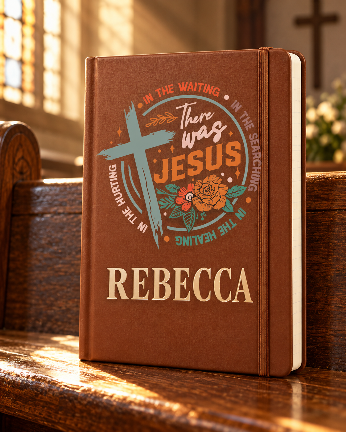 Worn By Faith There Was Jesus in the Waiting personalized Brown Executive A5 journal, example name REBECCA — illustrative mockup