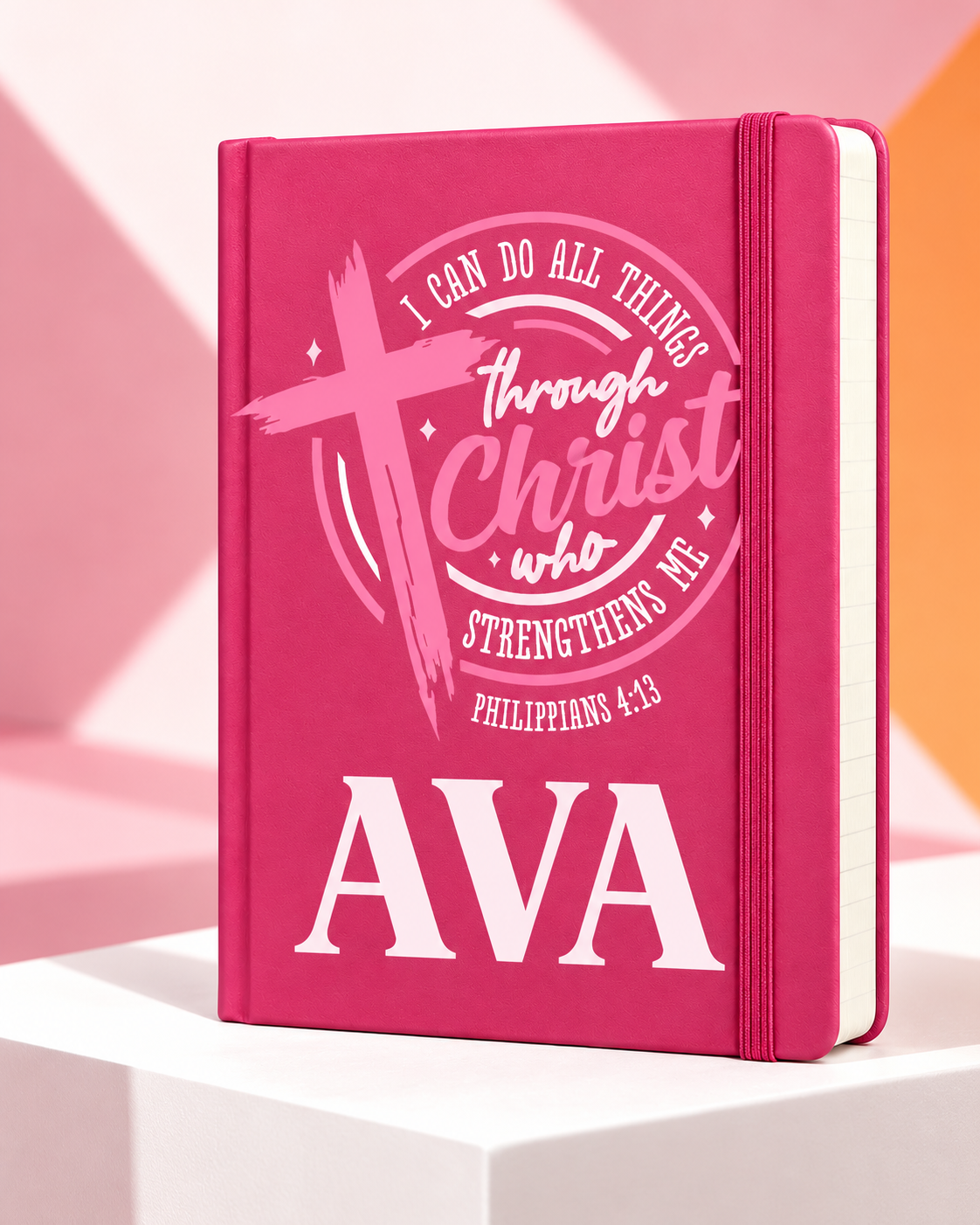 Worn By Faith Through Christ personalized Pink Executive A5 journal, example name AVA — illustrative mockup