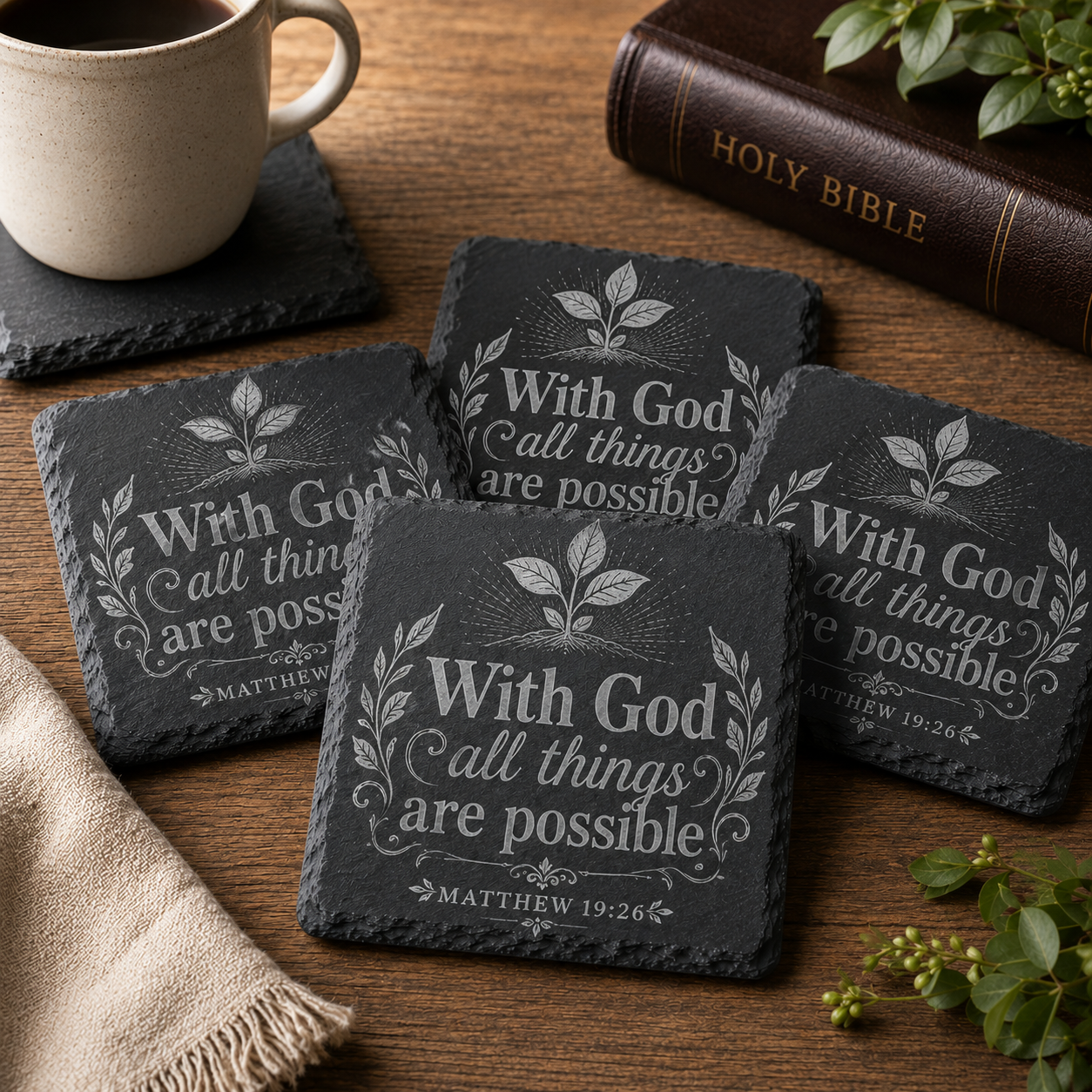 Christian Square Slate Coaster Set